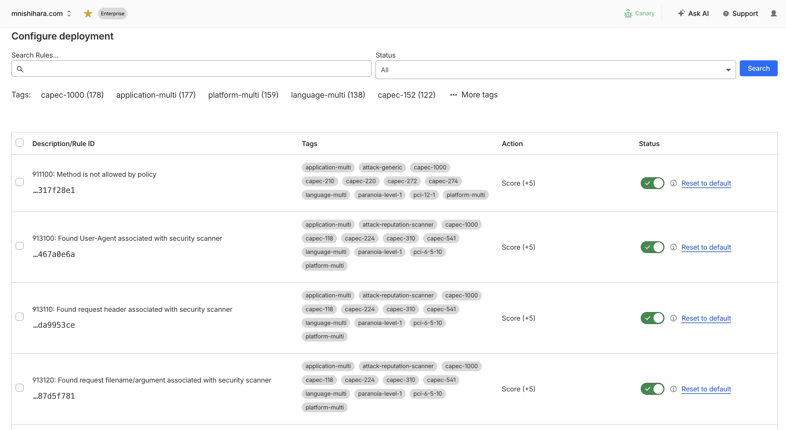 OWASP Core Ruleset 設定画面